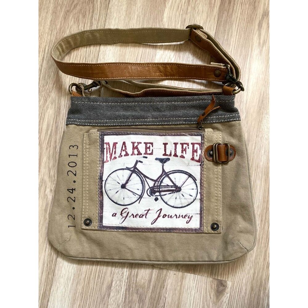 Clea Ray Make Life A Journey Canvas Crossbody Bag Denim Khaki Bicycle